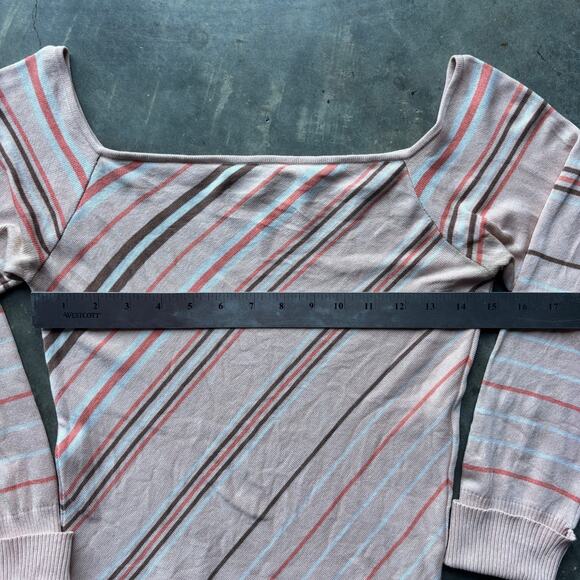 Guess Collection Long Sleeve Blouse Womens M Peach Brown Striped Square Neck Top - Picture 12 of 14